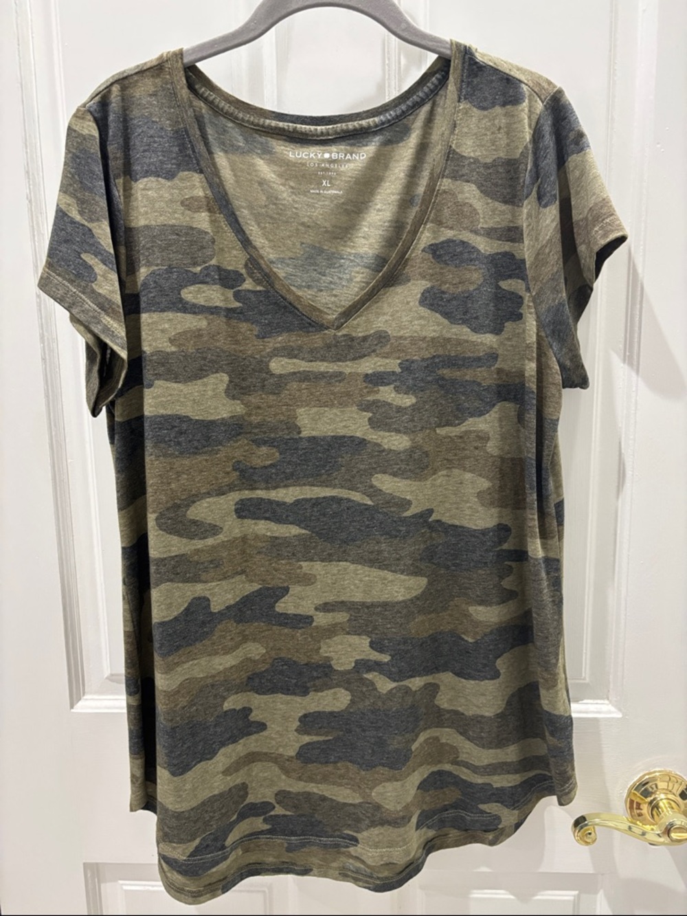 Lucky Brand Olive and Gray Camo V-Neck Short Sleeve Tee